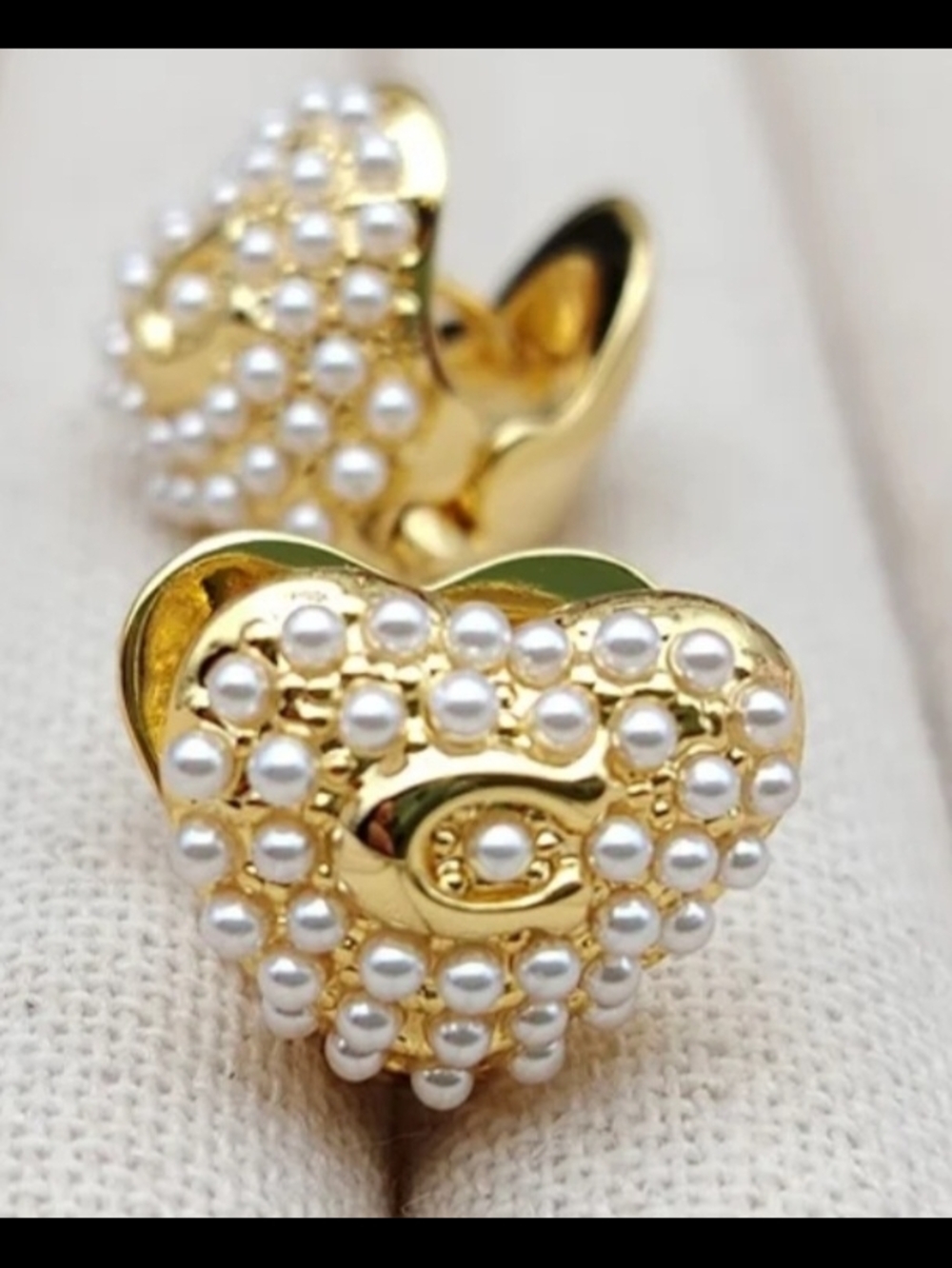 Coach Gold Heart Earrings with White Pearls